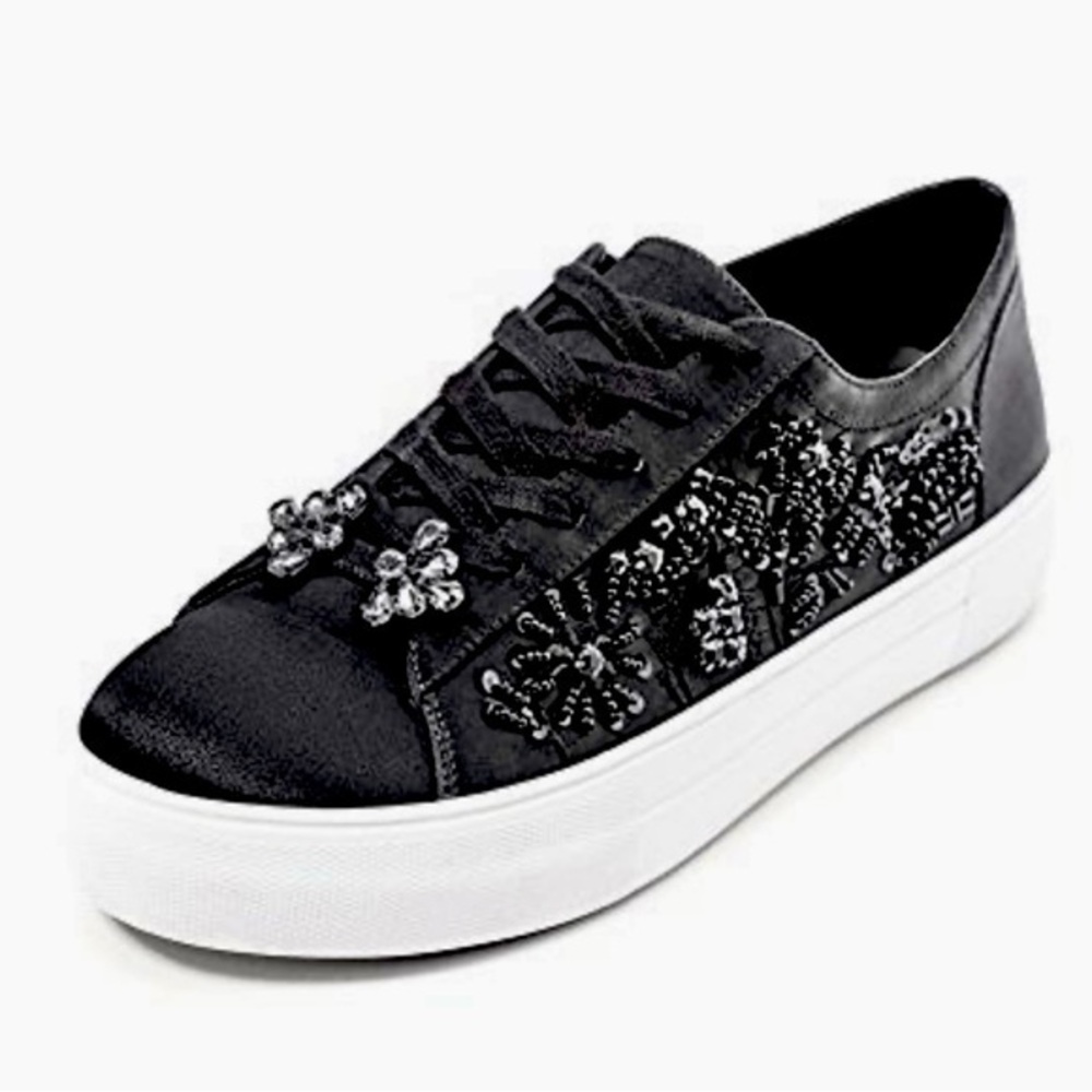 ZARA Black Satin Beaded Embellished Sneakers Trainers Lace Up Shoe Women’s 39‎